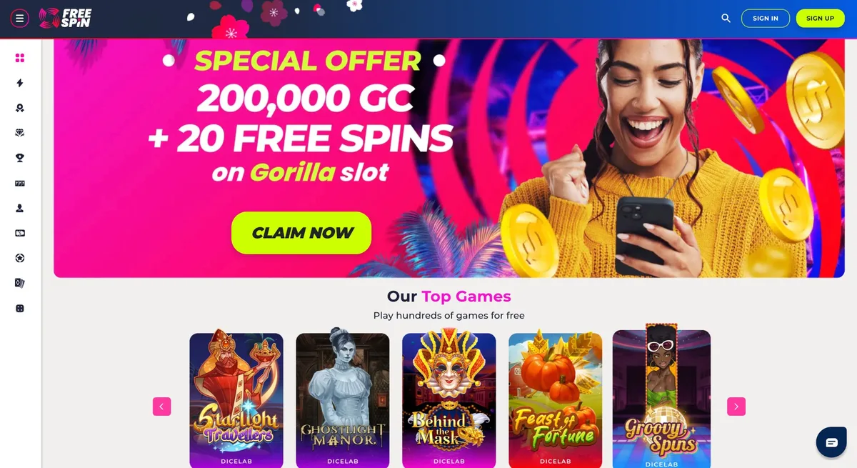 Free Spin Casino Alabama platform overview — sweepstakes social casino legal in Alabama