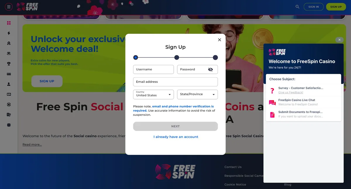 Free Spin Casino registration for Alabama players — selecting Alabama state